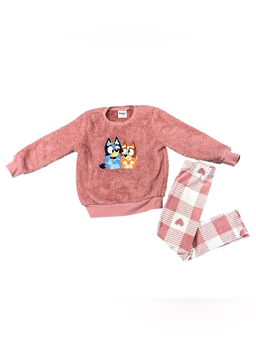 Bluey Girls 2 Piece Fleece Pajama Set Pink Bingo Bluey Top & Heart Leggings 5T